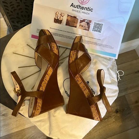 Prada, size 37.5 EU (7 US), Tan Leather Wedge Sandals, w/ Prada dust bag & COA - Picture 12 of 12